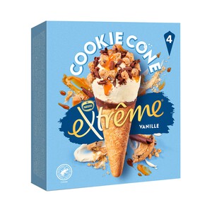Imagen de EXTRÈME Cookie de Nestlé Conos de helado de vainilla con salsa de caramelo y tozos de galletas de chocolate 4 x 110 ml.
