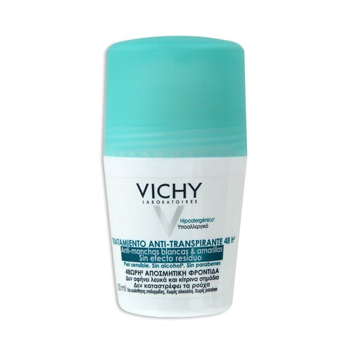 Desodorante roll on anti manchas blancas y amarillas, sin efecto residuo VICHY 50 ml.