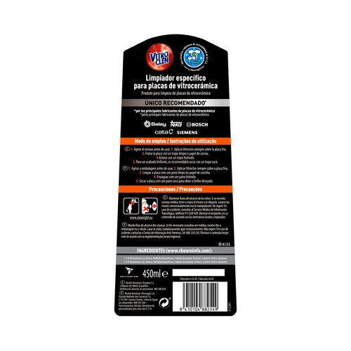 VITROCLEN Limpiador de vitroceramica limón desengrasante VITROCLEN 450 ml.