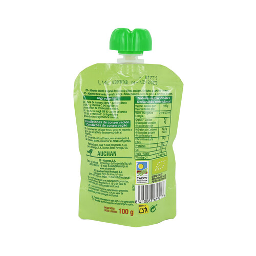 ALCAMPO BABY ECOLÓGICO Bolsita de puré de manzana y plátano ecológicos, a partir de 4 meses ALCAMPO BABY ECOLÓGICO 100 g.
