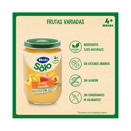 HERO Solo Tarrito de fruta (melocotón, plátano, manzana, naranja y albaricoque), a partir 4 meses 190 g.