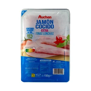 AUCHAN Jamón cocido extra, con contenido reducido en sal, cortado en finas lonchas 150 g. Producto Alcampo.