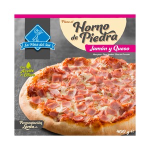 Pizza de jamón y queso, hecha al horno de piedra 400 g.