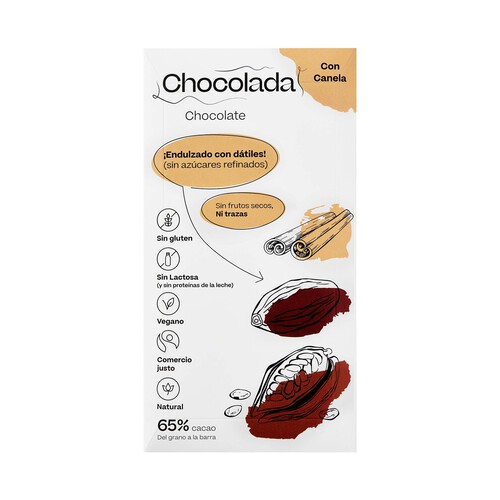 Chocolate negro 65% cacao con canela, endulzado con dátiles, CHOCOLADA 85 g