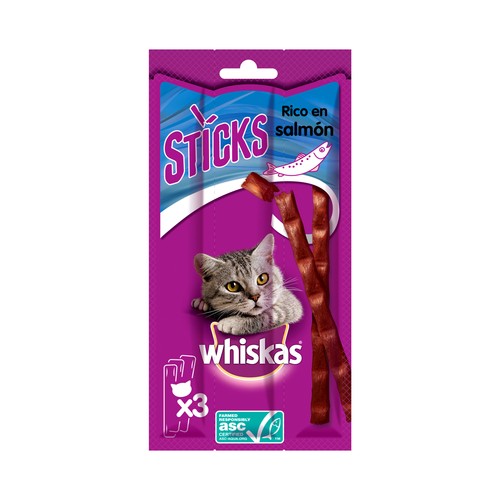 WHISKAS Snacks para gatos adultos a base de salmón en sticks WHISKAS 3 uds.18 g.
