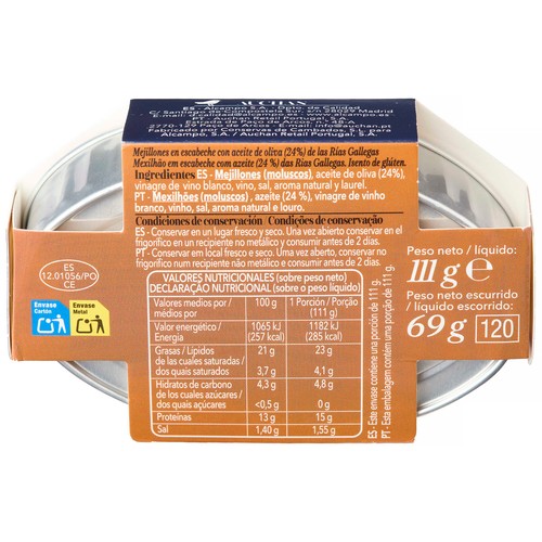 PRODUCTO ALCAMPO Collection Mejillones en escabeche 69 g.