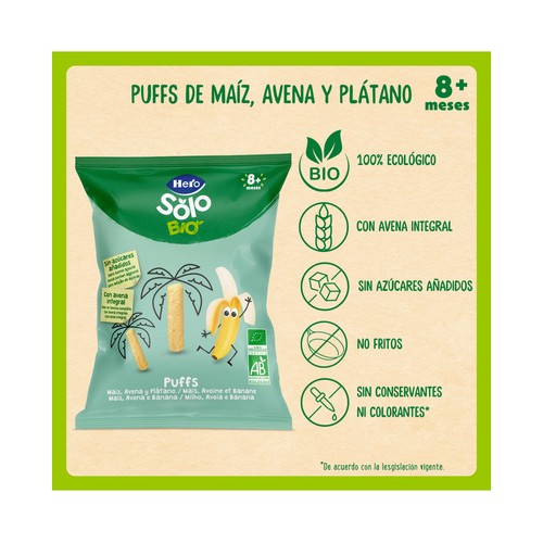 HERO Solo bio Snacks infantiles de maiz, avena y plátano ecológicos, a partir de 8 meses 25 g.