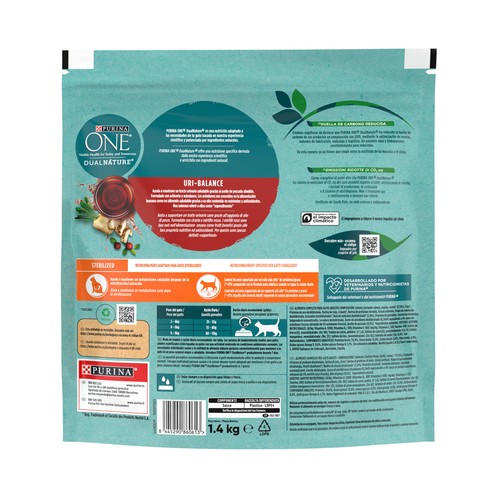 PURINA One dual nature Alimento para gatos adultos esterilizados, que ayuda a mantener el tracto urinario saludable 1.4 kg.