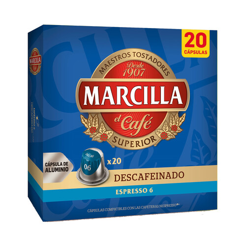 Café exprresso descafeinado I6 en cápsulas compatibles con Nespresso. MARCILLA 20 uds. 104 g.