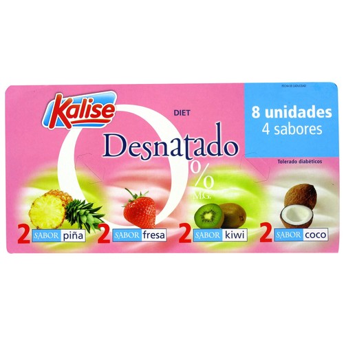 KALISE Yogures desnatados con sabores variados (2 de fresa, 2 de piña, 2 de kiwi y 2 de coco)  8 uds de 125 gr.