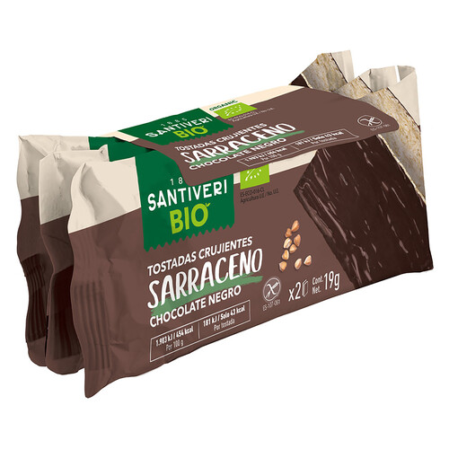 SANTIVERI Tostadas ligeras con sarraceno bañadas en chocolate negro ecológicas SANTIVERI 3 uds. x 19 g.