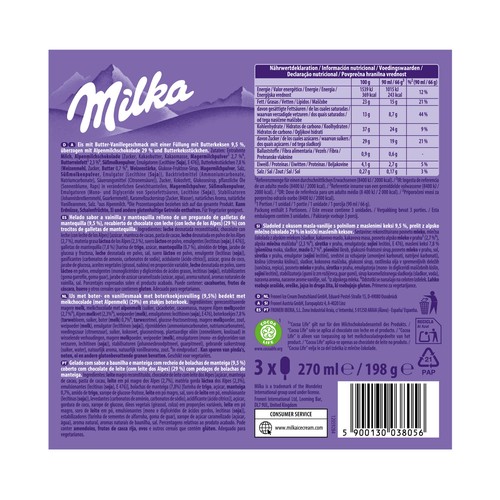 MILKA Bombón helado de vainilla y mantequilla con trocitos de galletas de mantequilla 3 x 90 ml.