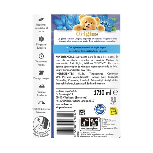 MIMOSIN Origins Suavizante concentrado con aroma a bergamota salvaje, 95 lavados.