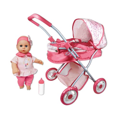 Carrito de muñecas 37x57x60cm con muñeco de 30cm, ONE TWO FUN