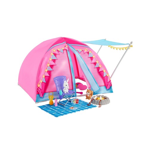 BARBIE Cosa de dos Malibu y Brooklyn con carpa de camping Dos muñecas con tienda de campaña y 20 accesorios, MATTEL HGC18.