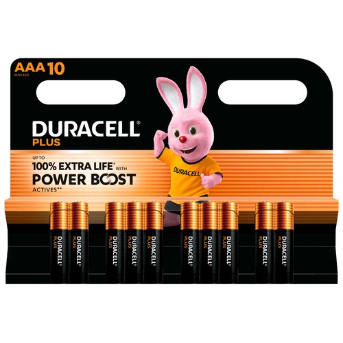 Pack de 10 pilas alcalinas AAA, LR03, 1,5V, DURACELL Plus.
