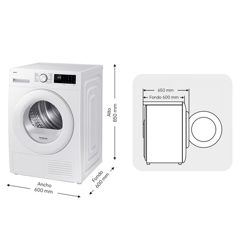 Secadora por condensación con bomba de calor SAMSUNG DV90DG52A0TEEC, capacidad de secado: 9KG, clasificación energética: C, H: 85cm, A: 60cm, F: 60cm.