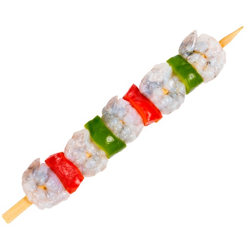 Brocheta de langostino y verduras, venta por unidad.