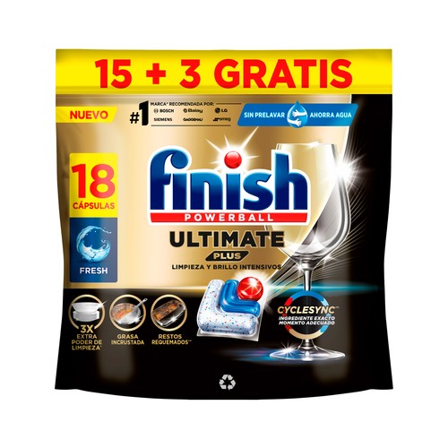 FINISH ULTIMATE Lavavajillas máquina plus reg. 15 + 3 dosis 176 g.