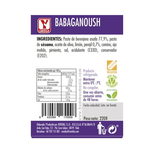 YGRIEGA Babaganoush (mutabal) elaborado a base de berenjena asada YGRIEGA 220 g.