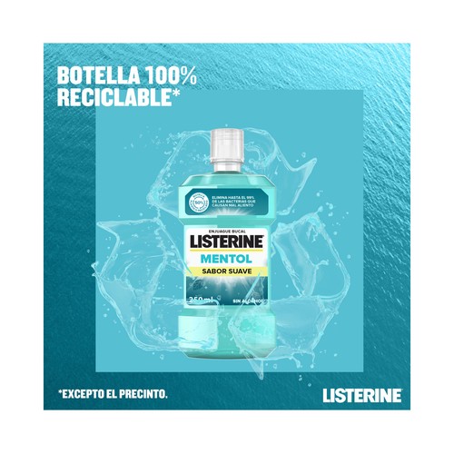 LISTERINE Enjuage bucal de uso diario sin alcohol, con flúor y sabor suave a mentol 250 ml.