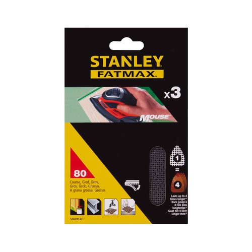 Pack 3 hojas de lija de malla para Mouse, con velcro. Grano 80, STANLEY.