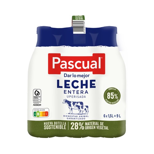 PASCUAL Leche de vaca entera, de bienestar animal garantizado 6 x 1.5 l.