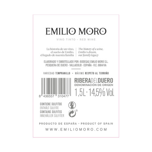EMILIO MORO  Vino tinto con D.O. Ribera del Duero botella de 75 cl.