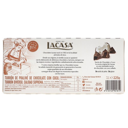 LACASA Turrón de chocolate y coco 225 g.