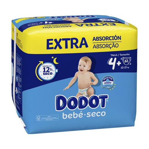 DODOT Pañales talla 4, para niños de 10 a 15 kilogramos DODOT Bebé-seco 62 uds.