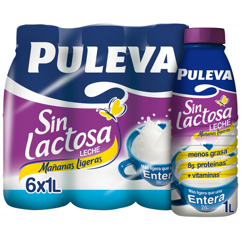 Leche entera de vaca, sin lactosa PULEVA Mañanas ligeras 6 x 1l.