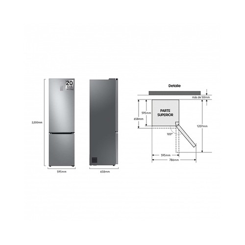 Frigorífico combi SAMSUNG RB38T776CS9/EF NO FROST, clasificación energética: C, H: 203cm, A: 65,8cm, F: 63cm, capacidad total: 385L.