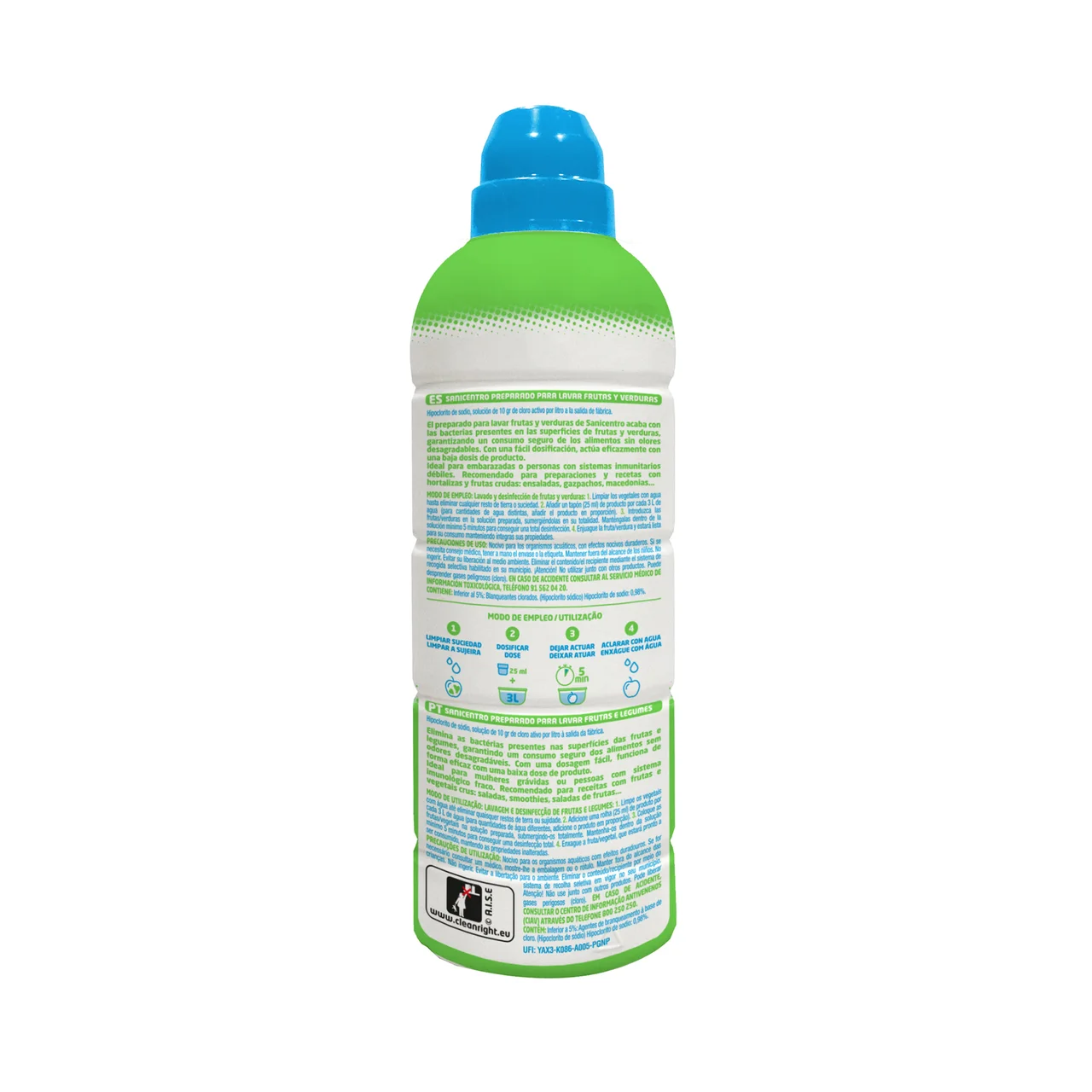 Preparado desinfectante para lavar frutas y verduras con lejia 750 ml.