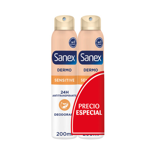 SANEX Dermo sensitive Desodorante en spray para mujer con protección anti-transpirante 24 horas 2 x 200 ml.