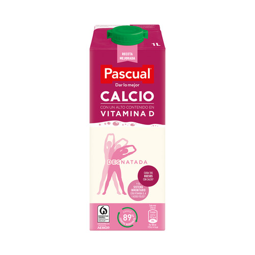 PASCUAL Leche desnatada de vaca, con calcio y con un alto contenido en vitamina D  1 l.
