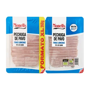 MONELLS Pechuga de pavo cocida, sin gluten y cortada en finas lonchas MONELLS 2 x 180 g.