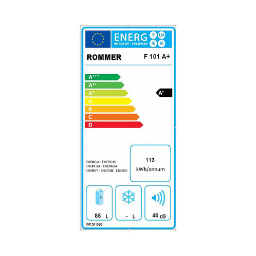 Table top ROMMER F10, clasificación energética: F, H: 83cm, A: 48cm, F: 45cm, capacidad total: 85L.