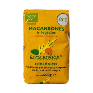 ECOLECERA Pasta macarrones integrales de calidad superior, 100% ecológicos 500 g.