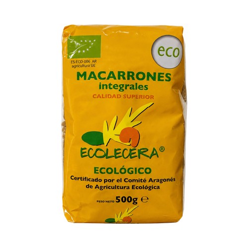 ECOLECERA Pasta macarrones integrales de calidad superior, 100% ecológicos 500 g.