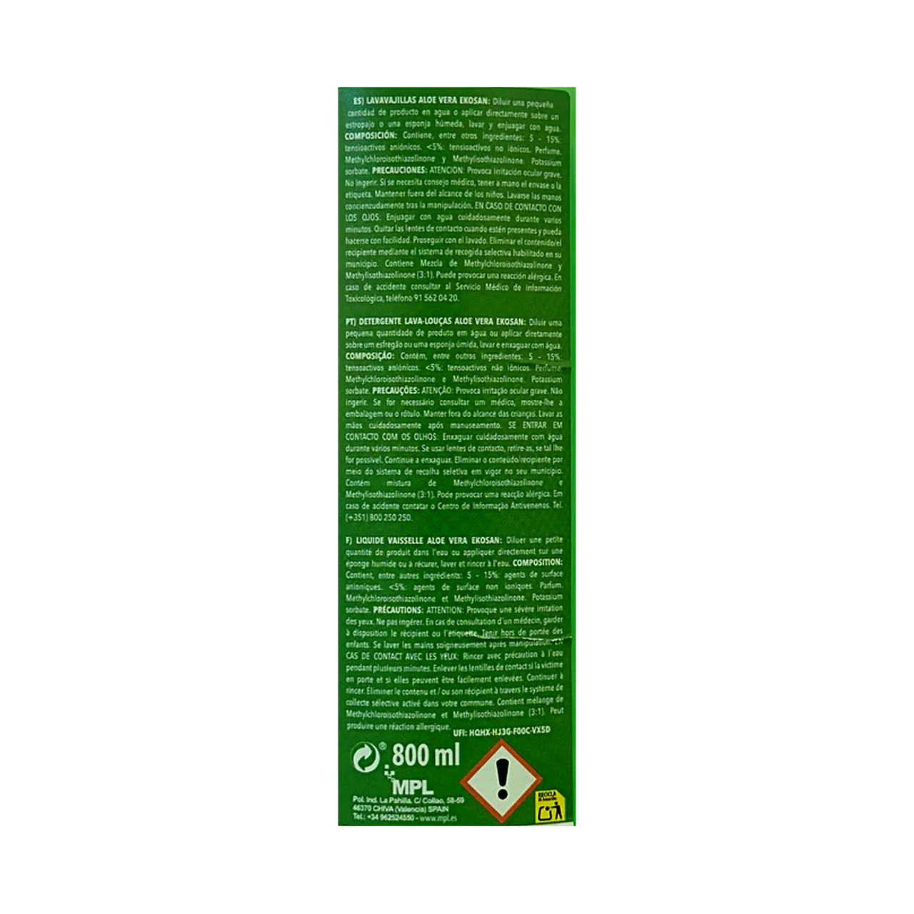 Detergente lavavajillas a mano con extracto de aloe vera 800 ml.