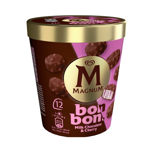 MAGNUM Bon bon Bombones de helado de nata y cereza recubiertos de chocolate con leche 12 x 14 ml.