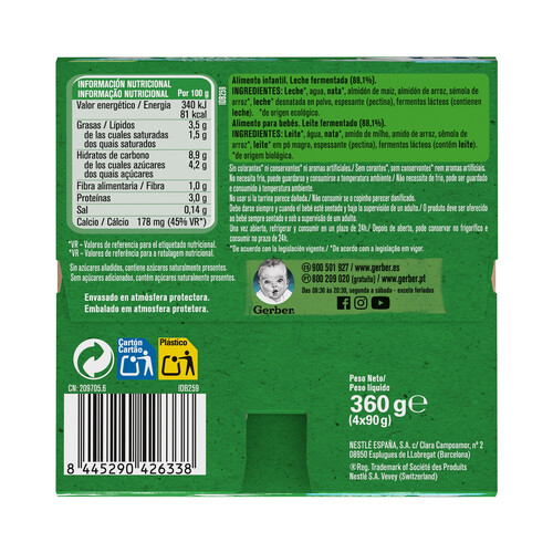 GERBER Postre lacteo infantil ecológico, sabor natural, a partir de 6 meses GERBER Organic 4 x 90 g.