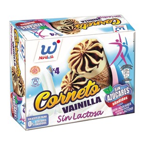 Conos de helado de vainilla y chocolate, sin lactosa ni azúcares añadidos 4 x 110 ml.
