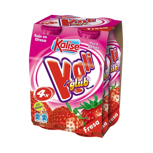 KALISE Yogur líquido con fresa, sin gluten y bajo en grasa  Kaliglub 4 x 165 ml.