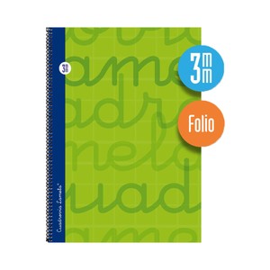 Imagen de Cuaderno de espiral tamaño cuarto con 80 hojas de cuadrovía 3mm. Cubierta extra dura color verde. EDITORIAL LAMELA.