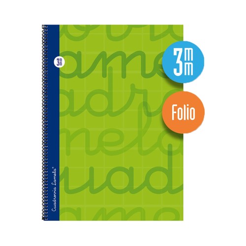 Cuaderno de espiral tamaño cuarto con 80 hojas de cuadrovía 3mm. Cubierta extra dura color verde. EDITORIAL LAMELA.