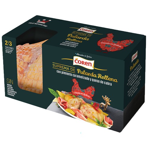 COREN Pularda rellena con pimientos caramelizados y queso de cabra.