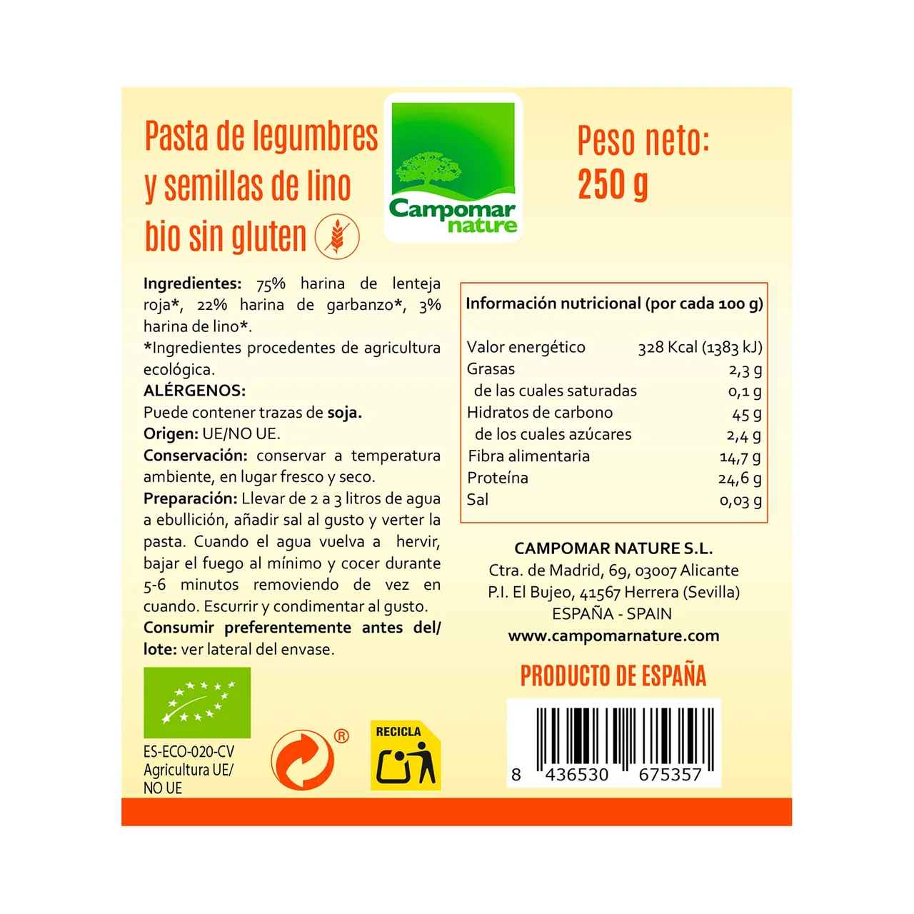 CAMPOMAR NATURE Bio Pasta de legumbres y semillas de lino ecológicas 250 g.