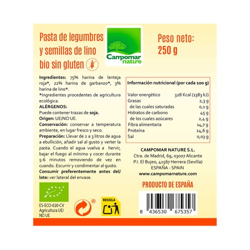 CAMPOMAR NATURE Bio Pasta de legumbres y semillas de lino ecológicas 250 g.