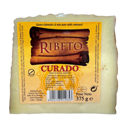 RIBETO Cuña de queso curado elaborado de forma artesanal RIBETO 375 g.
